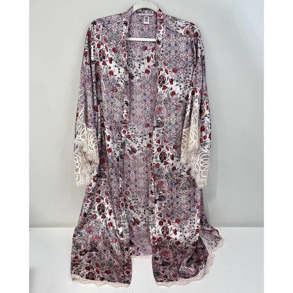 VICTORIA'S SECRET Satin Floral Lace Trim Open Kimono Robe Lace  M/L